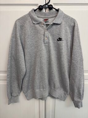 Vintage Nike Gray Polo Sweatshirt with Embroidered Black Swoosh. 80s size L